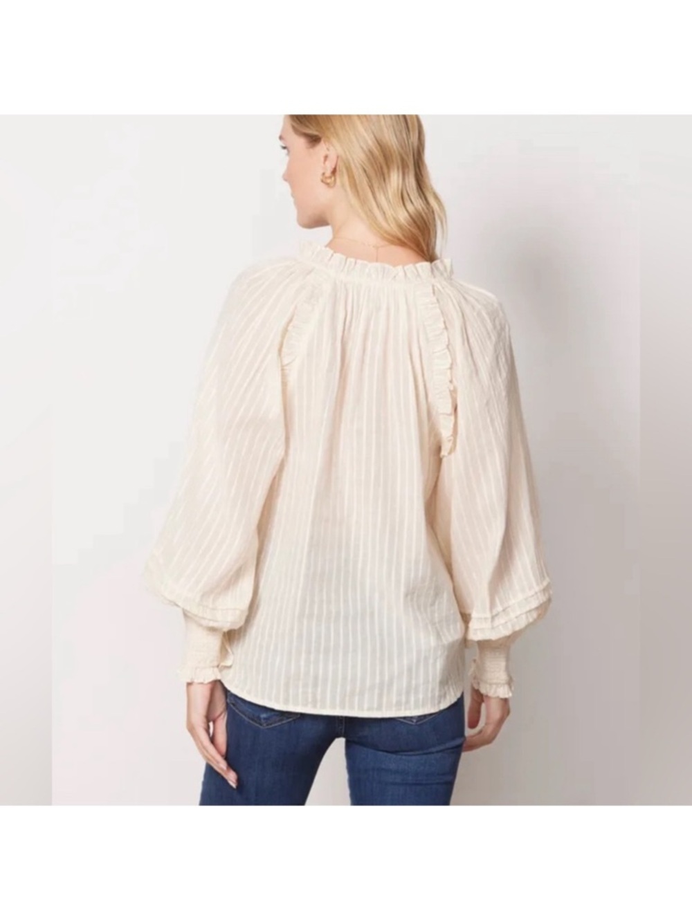 Cleobella Cream Ari Metallic Sparkle Stripe Ruffled Long Sleeve Peasant Blouse S - Picture 4 of 14
